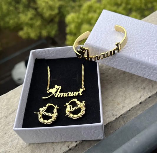 Jewelry Set Personalized Letter Necklace Customized Name Bangles Stainless Steel Mini Hoop Earrings 18mm